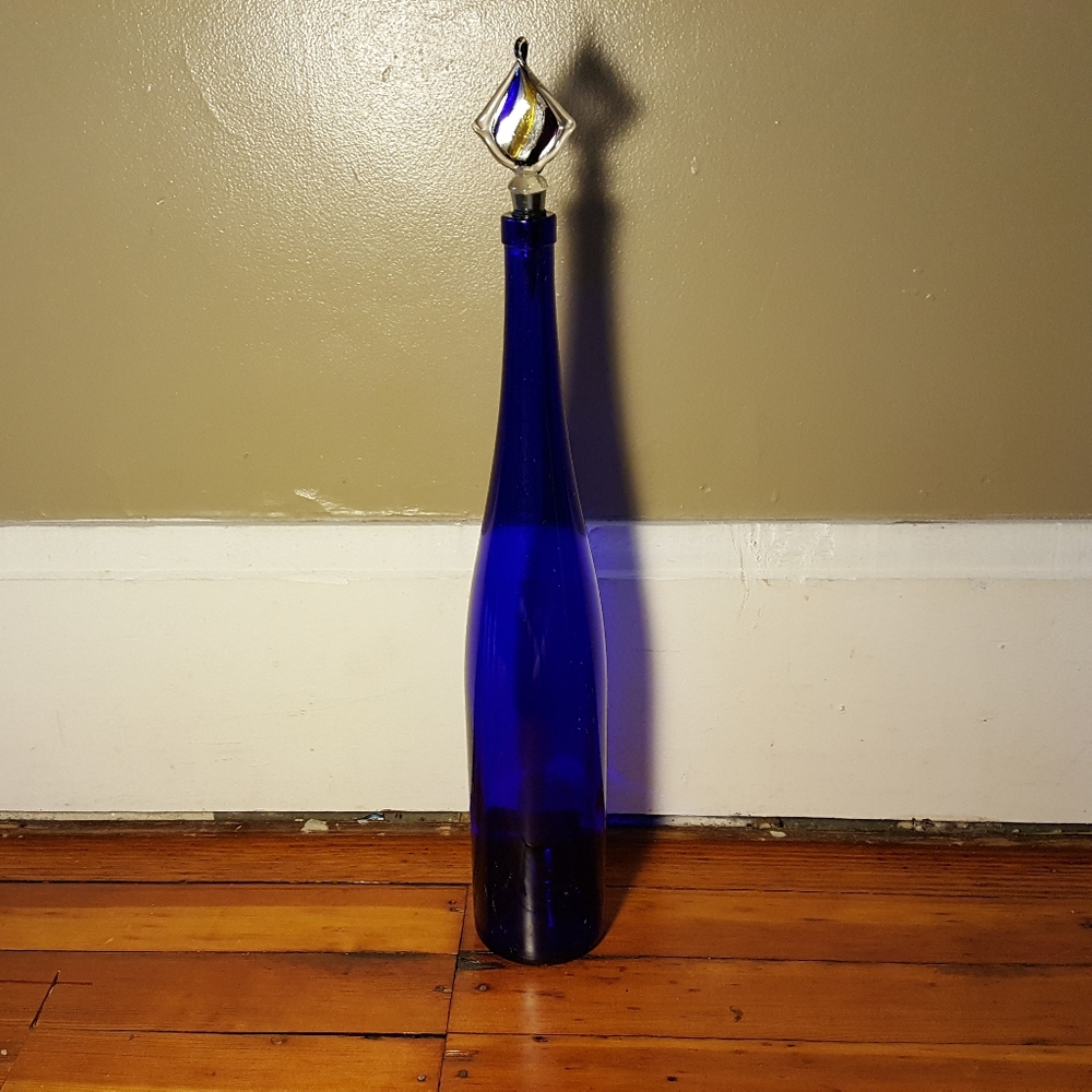 Blue Wine Bottle with Glass Topper